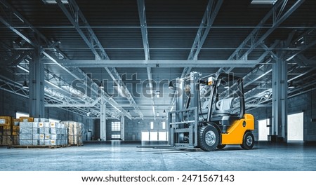 Forklift  large empty warehouse  pallets goods industrial  background