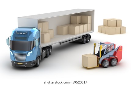 Forklift is loading the truck. Isolated. My own design