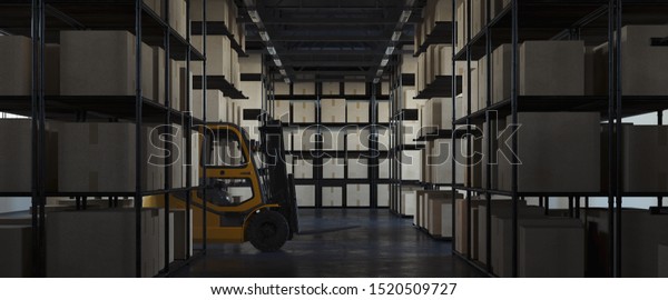 Forklift\
transporting cargo at warehouse. Forklift loader at storehouse.\
Pallet stacker truck equipment. 3d\
rendering.