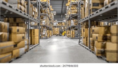 Forklift transporting goods warehouse  rows  shelves full  boxes. 3d render - Powered by Shutterstock