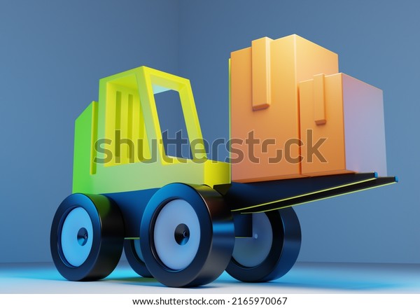 Forklift truck with boxes. Forklift cartoon\
style. Small car for loading. Forklift performs cargo work. Special\
equipment for warehouse or logistics center. Fork lift truck on\
blue. 3d\
rendering.