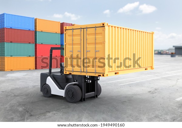 Forklift truck\
lifting container. 3D\
illustration
