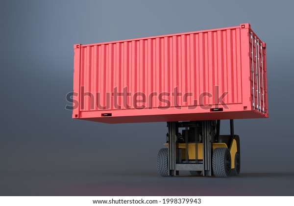 Forklift truck\
lifting container. 3D\
illustration