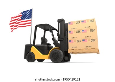 Forklift Truck Is Lifting A Pallet With A Cardboard Box Made In USA. 3D Illustration