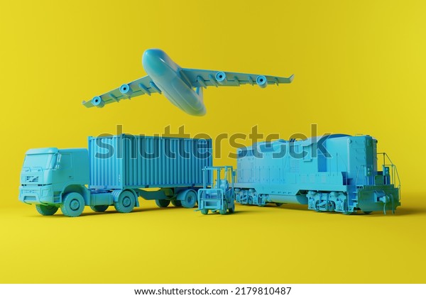 A forklift truck, a truck,\
plane and train on a solid background. Concept of transporting\
heavy materials. Global material transport. 3d render, 3d\
illustration. 