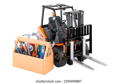 Forklift Truck With Tool Box. Service And Repair Of Forklift Trucks, 3D Rendering Isolated On White Background