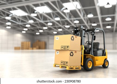 Forklift Truck In Warehouse Or Storage Loading Cardboard Boxes. 3d