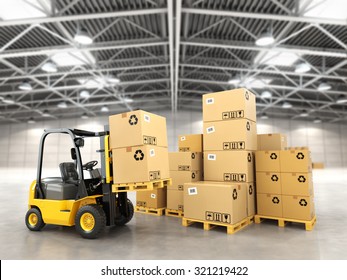 Forklift truck in warehouse or storage loading cardboard boxes. 3d - Powered by Shutterstock