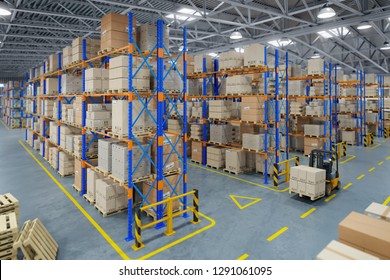 Forklift truck in warehouse or storage and shelves with cardboard boxes. 3d illustration
