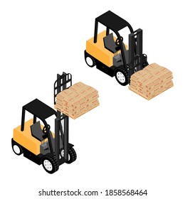 Forklifts, Reliable Heavy Loader, Truck Transporting Cargo Cement Bags On Wooden Pallet. Heavy Duty Equipment Isolated On White Background Isometric View