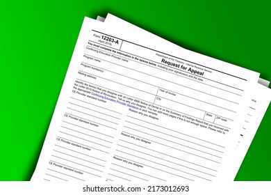 Form 12203-A Papers. Request For Appeal. Form 12203-A Documentation Published IRS USA 43682. American Tax Document On Colored