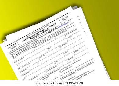 Form 12339 Papers. Internal Revenue Service Advisory Council Membership Application. Form 12339 Documentation Published IRS USA 05.25.2021. American Tax Document On Colored