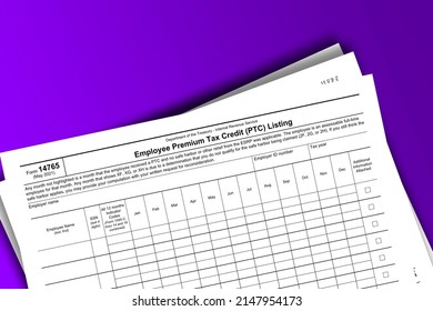 Form 14765 Papers. Employee Premium Tax Credit (PTC) Listing. Form 14765 Documentation Published IRS USA 44291. American Tax Document On Colored