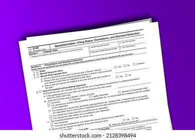 Form 5129 Papers. Questionnaire-Filing Status, Exemptions, And Standard Deduction. Form 5129 Documentation Published IRS USA 07.17.2012. American Tax Document On Colored