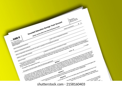 Form 5305-E Papers. Coverdell Education Savings Trust Account (Under Section 530 Of The Internal Revenue Code). Form 5305-E Documentation Published IRS USA 42949. American Tax Document On Colored