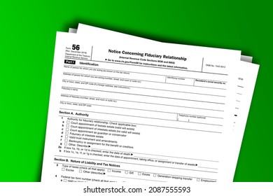 Form 56 Papers. Notice Concerning Fiduciary Relationship. Form 56 Documentation Published IRS USA 05.20.2020. American Tax Document On Colored