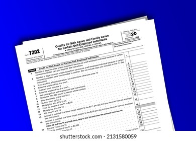 Form 7202 Papers. Credits For Sick Leave And Family Leave For Certain Self-Employed Individuals. Form 7202 Documentation Published IRS USA 01.15.2021. American Tax Document On Colored