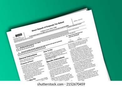 Form 8050 Papers. Direct Deposit Of Corporate Tax Refund. Form 8050 Documentation Published IRS USA 42563. American Tax Document On Colored