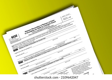 Form 8332 papers. Release.Revocation of Release of Claim to Exemption for Child by Custodial Parent. Form 8332 documentation published IRS USA 10.16.2018. American tax document on colored