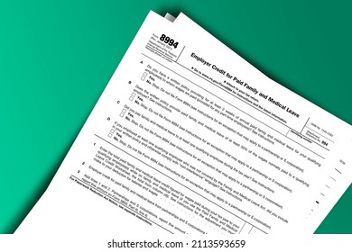 Form 8994 Papers. Employer Credit For Paid Family And Medical Leave. Form 8994 Documentation Published IRS USA 01.23.2021. American Tax Document On Colored