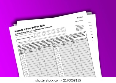 Form 940 (Schedule A) Papers. Multi-State Employer And Credit Reduction Information. Form 940 (Schedule A) Documentation Published IRS USA 11.23.2020. American Tax Document On Colored