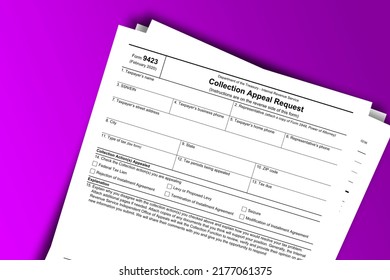 Form 9423 Papers. Collection Appeal Request. Form 9423 Documentation Published IRS USA 44170. American Tax Document On Colored