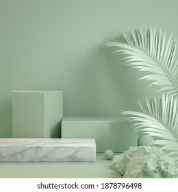 Form Green Mint Step Podium With Palm Leaf And Rock Wild Concept Abstract Background 3d Render - Shutterstock ID 1878796498