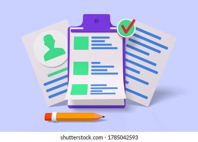 Form And Profile 3d Render Illustration. Document With Personal Information 3d Style. Profile Picture And Red Check. Identification And Access Concept. Isolated On Blue Background