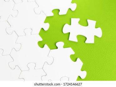 The Formal Mismatch. Close-up View At Composition Of Assembled Parts Of White Colored Jigsaw Puzzle And One Of Them Placed Away From Others And Have A Different Form. 3d Rendering Graphics.