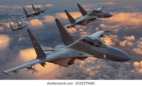 Formation of combat aircraft of the Chinese air force.3d render.