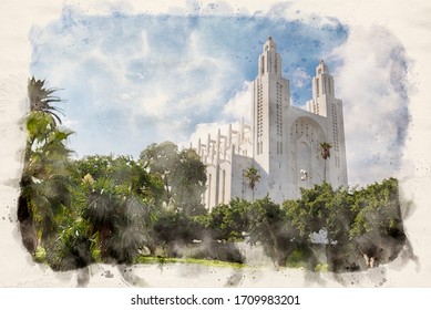 The former Catholic Church of the Sacred Heart of Jesus in Casablanca, Morocco. The white cathedral in watercolor style illustration