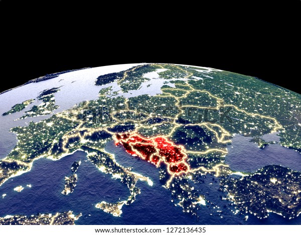 Former Yugoslavia from space on planet Earth at\
night with bright city lights. Detailed plastic planet surface with\
real mountains. 3D illustration. Elements of this image furnished\
by NASA.