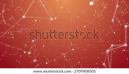 Forming abstract white nodes and thin lines with scattered dots on red-orange gradient, glowing. Network, constellation, connections, points, circles, triangular, polygonal