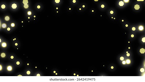 Forming glowing yellow hexagonal ring around central void in abstract scene, with light dots. Abstract, digital art, luminous, vibrant, geometric, futuristic, cosmic