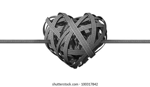 Forming A Successful Partnership And Coming Together In Cooperation From Long Distance Relationship Represented By Highways Converging And Merging To A Heart Shaped Road Tangle On A White Background.