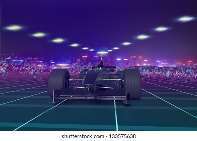 Formula One Concept Car On Track At Night 3D