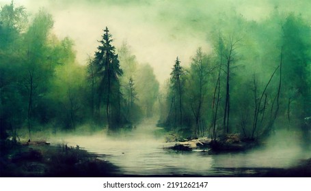 Forrest In A Monochromatic Color Scheme With Fog