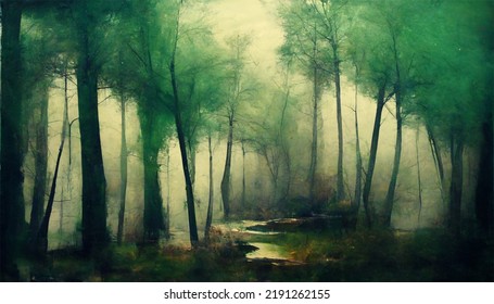 Forrest In A Monochromatic Color Scheme With Fog