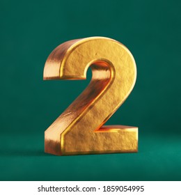 Fortuna Gold Number 2 On Tidewater Green Background. Trend Color Font Type Symbol. 3d Render.