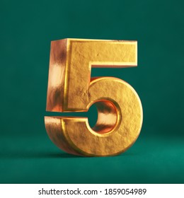 Fortuna Gold Number 5 On Tidewater Green Background. Trend Color Font Type Symbol. 3d Render.