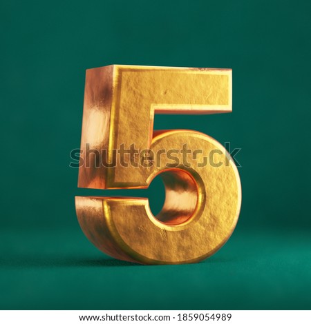 Fortuna Gold Number 5 on Tidewater Green background. Trend color font type symbol. 3d render. Foto stock © 