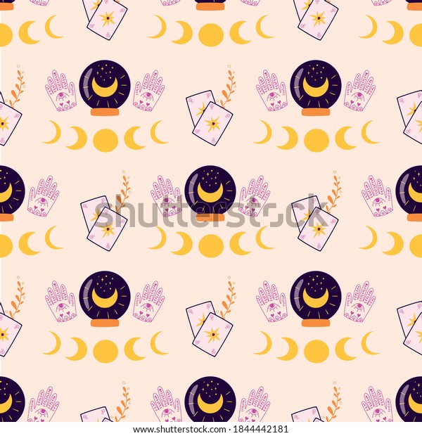 Fortune\
pattern. Magic crystal ball in hands, moon, cards pattern. Crystal\
ball future hand drawn seamless\
background