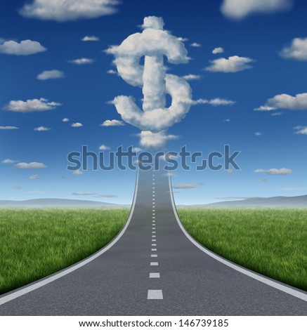 Fortune road business concept and financial freedom symbol with a straight road or highway going up to a group of clouds shaped as a dollar sign as an icon of making money for prosperity. Stock photo © 
