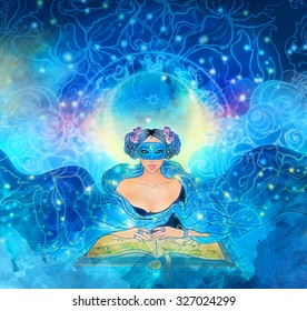 Fortune telling: young beautiful woman in mask an scarf reading an ancient book. Watercolor illustration. Night sky with moon and stars. Mystic concept design.  - Powered by Shutterstock