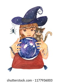 Fortuneteller Witch And Zombie Cat With Crystal Galaxy Ball Watercolor. Illustration Isolated On White Background.