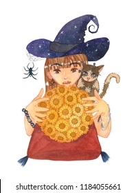 Fortuneteller Witch And Zombie Cat With Sunflower Ball Watercolor. Illustration Isolated On White Background.
