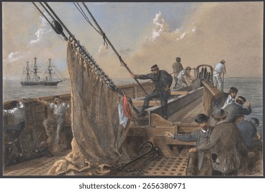 Forward Deck of the Great Eastern Cleared for the First Attempt to Grapple for the Lost Cable, August 11th, 1865 by Robert Charles Dudley. Vintage watercolor illustration. Vintage artwork and painting