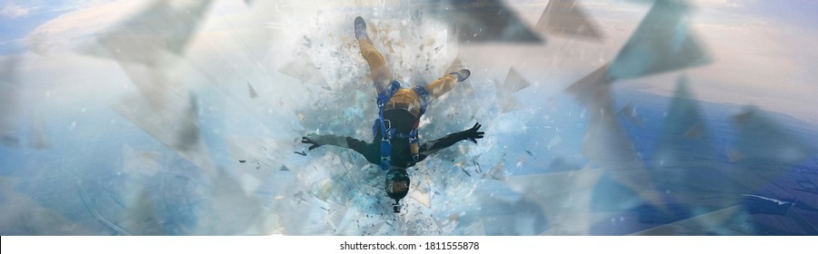 Forward. Parachutist performs an acrobatic trick in the air. Flying men make professional jump. Extreme as a hobby. 
Banner.