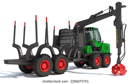 Forwarder Forestry Vehicle Heavy Machinery 3D Rendering On White Background