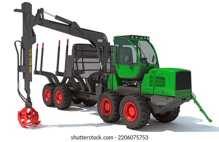 Forwarder Forestry Vehicle Heavy Machinery 3D Rendering On White Background